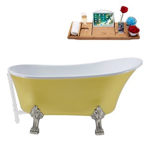 Streamline 28W x 63L Matte Yellow Acrylic Clawfoot Bathtub with Brushed Nickel Feet and Reversible Drain with Tray