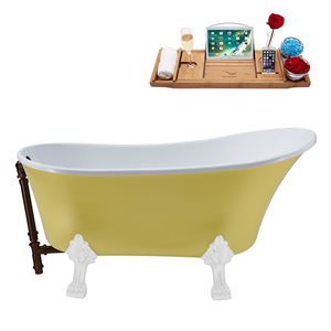 Streamline 28W x 63L Matte Yellow Acrylic Clawfoot Bathtub with Glossy White Feet and Reversible Drain with Tray