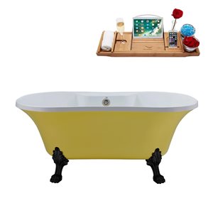 Streamline 32W x 60L Matte Yellow Acrylic Clawfoot Bathtub with Matte Black Feet and Center Drain with Tray