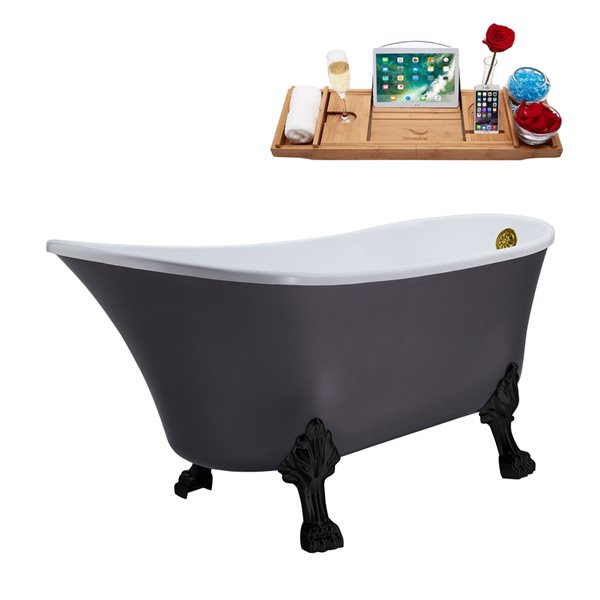 Streamline 28W x 63L Matte Grey Acrylic Clawfoot Bathtub with Matte Black Feet and Reversible Drain with Tray