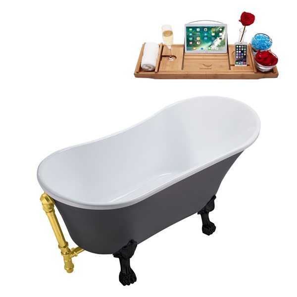 Streamline 28W x 63L Matte Grey Acrylic Clawfoot Bathtub with Matte Black Feet and Reversible Drain with Tray