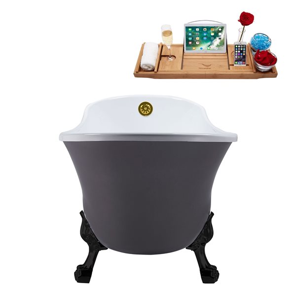 Streamline 28W x 63L Matte Grey Acrylic Clawfoot Bathtub with Matte Black Feet and Reversible Drain with Tray