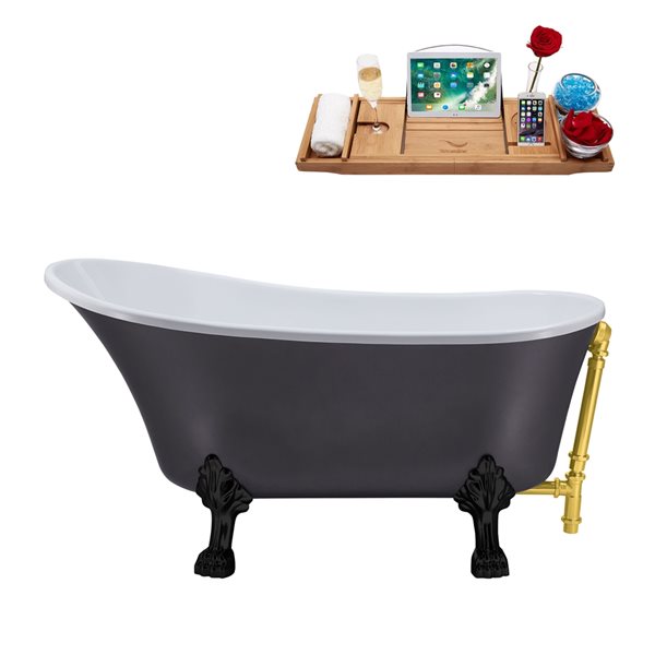 Streamline 28W x 63L Matte Grey Acrylic Clawfoot Bathtub with Matte Black Feet and Reversible Drain with Tray