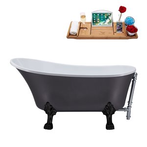 Streamline 28W x 63L Matte Grey Acrylic Clawfoot Bathtub with Matte Black Feet and Reversible Drain with Tray