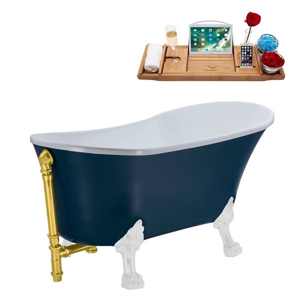 Streamline 28W x 63L Matte Light Blue Acrylic Clawfoot Bathtub with Glossy White Feet and Reversible Drain with Tray