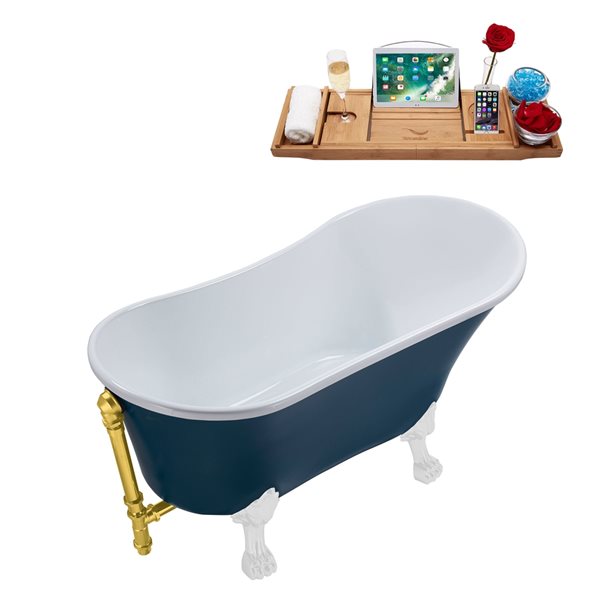 Streamline 28W x 63L Matte Light Blue Acrylic Clawfoot Bathtub with Glossy White Feet and Reversible Drain with Tray