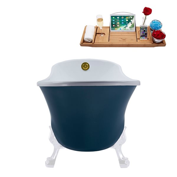 Streamline 28W x 63L Matte Light Blue Acrylic Clawfoot Bathtub with Glossy White Feet and Reversible Drain with Tray