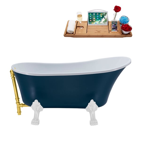 Streamline 28W x 63L Matte Light Blue Acrylic Clawfoot Bathtub with Glossy White Feet and Reversible Drain with Tray