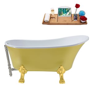 Streamline 28W x 63L Matte Yellow Acrylic Clawfoot Bathtub with Polished Gold Feet and Reversible Drain with Tray