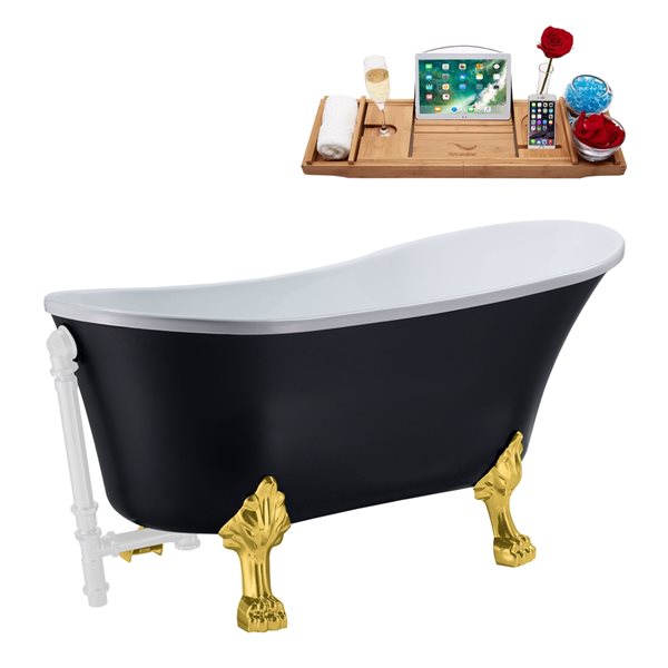 Streamline 28W x 63L Matte Black Acrylic Clawfoot Bathtub with Polished Gold Feet and Reversible Drain with Tray