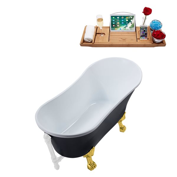 Streamline 28W x 63L Matte Black Acrylic Clawfoot Bathtub with Polished Gold Feet and Reversible Drain with Tray