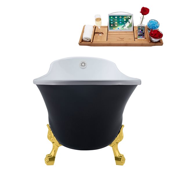 Streamline 28W x 63L Matte Black Acrylic Clawfoot Bathtub with Polished Gold Feet and Reversible Drain with Tray