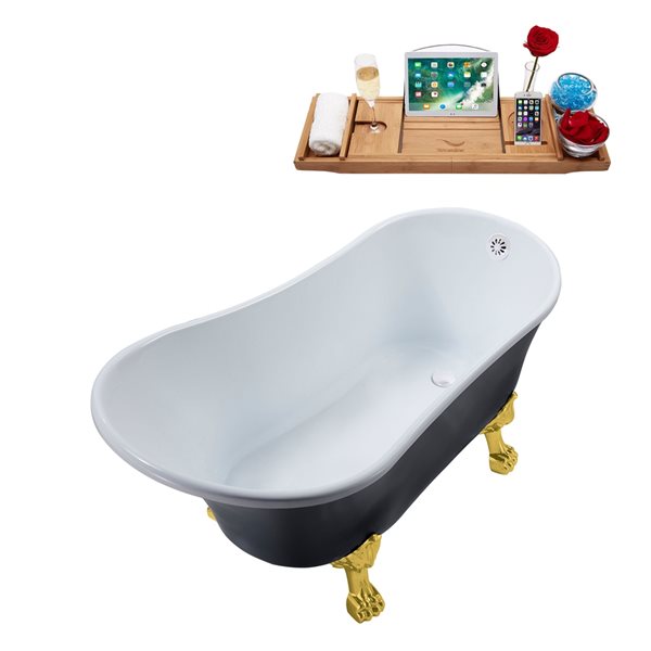 Streamline 28W x 63L Matte Black Acrylic Clawfoot Bathtub with Polished Gold Feet and Reversible Drain with Tray