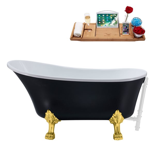 Streamline 28W x 63L Matte Black Acrylic Clawfoot Bathtub with Polished Gold Feet and Reversible Drain with Tray