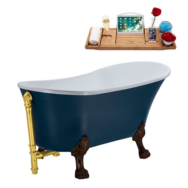 Streamline 28W x 63L Matte Light Blue Acrylic Clawfoot Bathtub with Matte Oil Rubbed Bronze Feet and Reversible Drain with Tray