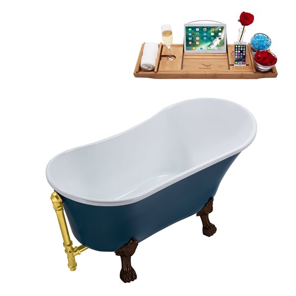 Streamline 28W x 63L Matte Light Blue Acrylic Clawfoot Bathtub with Matte Oil Rubbed Bronze Feet and Reversible Drain with Tray