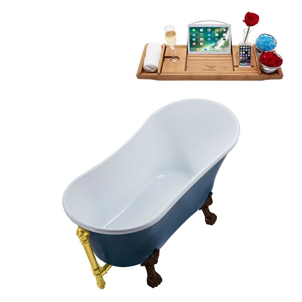 Streamline 28W x 63L Matte Light Blue Acrylic Clawfoot Bathtub with Matte Oil Rubbed Bronze Feet and Reversible Drain with Tray