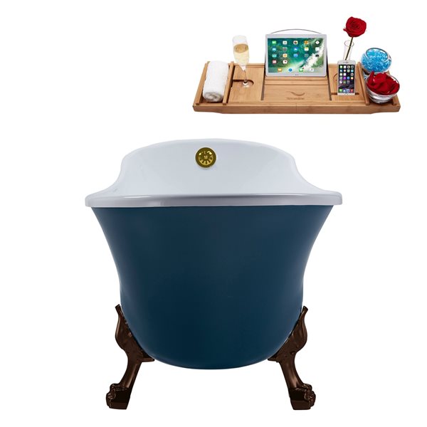 Streamline 28W x 63L Matte Light Blue Acrylic Clawfoot Bathtub with Matte Oil Rubbed Bronze Feet and Reversible Drain with Tray