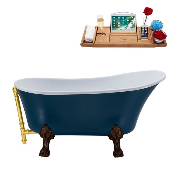 Streamline 28W x 63L Matte Light Blue Acrylic Clawfoot Bathtub with Matte Oil Rubbed Bronze Feet and Reversible Drain with Tray