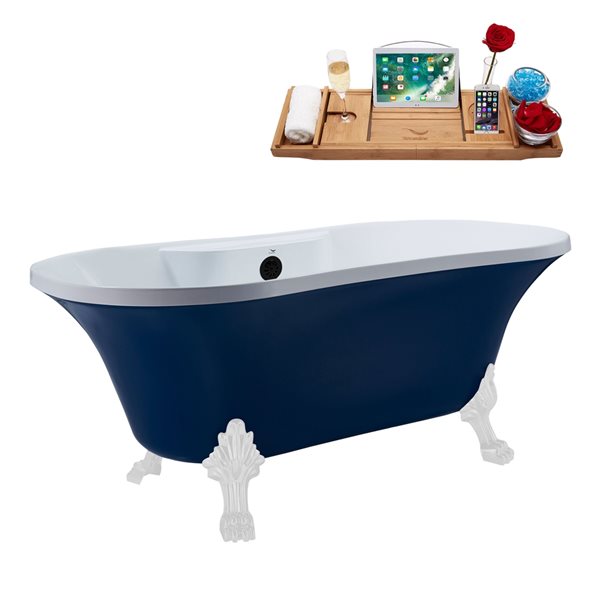Streamline 32W x 60L Matte Dark Blue Acrylic Clawfoot Bathtub with Glossy White Feet and Center Drain with Tray