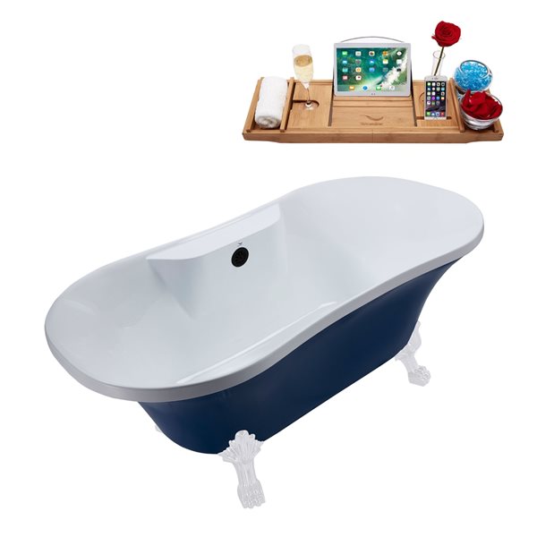 Streamline 32W x 60L Matte Dark Blue Acrylic Clawfoot Bathtub with Glossy White Feet and Center Drain with Tray