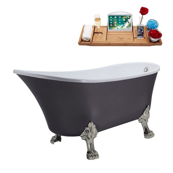 Streamline 28W x 63L Matte Grey Acrylic Clawfoot Bathtub with Brushed Nickel Feet and Reversible Drain with Tray