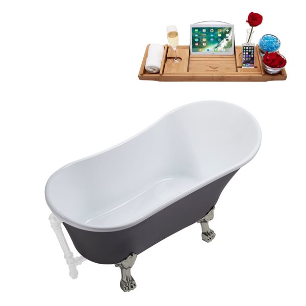 Streamline 28W x 63L Matte Grey Acrylic Clawfoot Bathtub with Brushed Nickel Feet and Reversible Drain with Tray