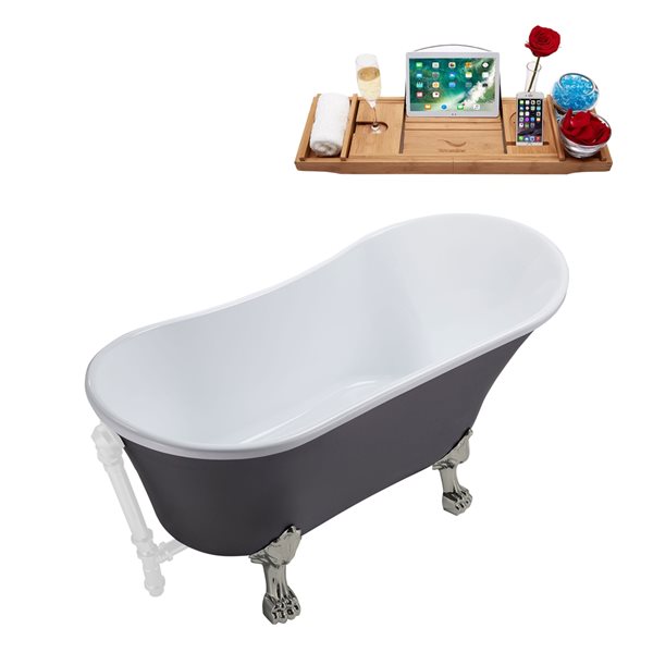 Streamline 28W x 63L Matte Grey Acrylic Clawfoot Bathtub with Brushed Nickel Feet and Reversible Drain with Tray