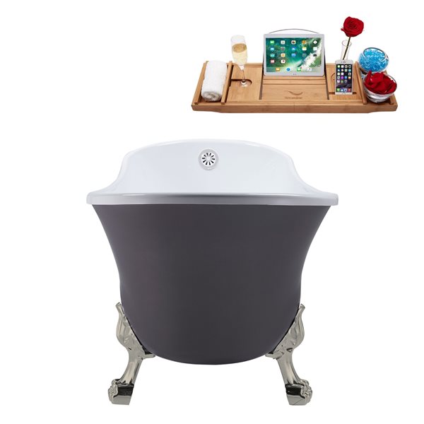 Streamline 28W x 63L Matte Grey Acrylic Clawfoot Bathtub with Brushed Nickel Feet and Reversible Drain with Tray