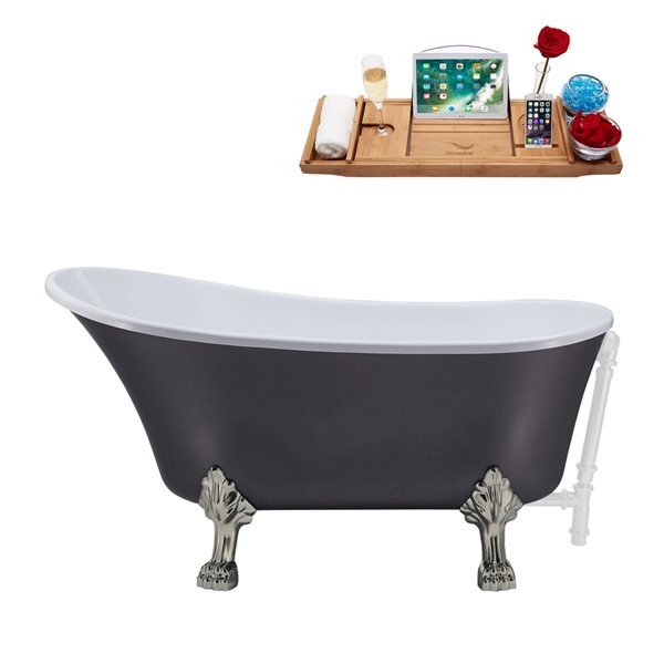 Streamline 28W x 63L Matte Grey Acrylic Clawfoot Bathtub with Brushed Nickel Feet and Reversible Drain with Tray