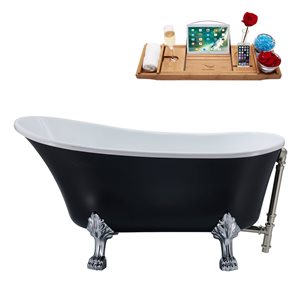 Streamline 28W x 63L Matte Black Acrylic Clawfoot Bathtub with Polished Chrome Feet and Reversible Drain with Tray