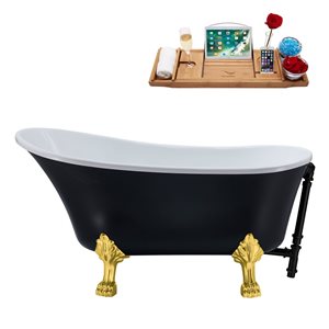 Streamline 28W x 63L Matte Black Acrylic Clawfoot Bathtub with Polished Gold Feet and Reversible Drain with Tray