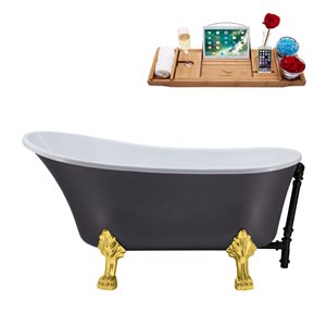Streamline 28W x 63L Matte Grey Acrylic Clawfoot Bathtub with Polished Gold Feet and Reversible Drain with Tray