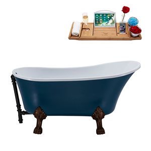 Streamline 28W x 63L Matte Light Blue Acrylic Clawfoot Bathtub with Matte Oil Rubbed Bronze Feet and Reversible Drain with Tray