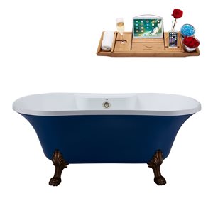 Streamline 32W x 60L Matte Dark Blue Acrylic Clawfoot Bathtub with Matte Oil Rubbed Bronze Feet and Center Drain with Tray