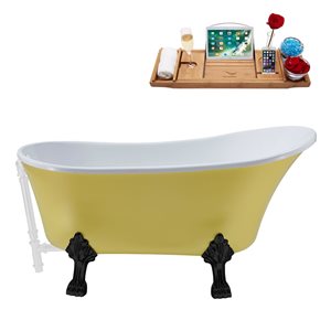 Streamline 28W x 63L Matte Yellow Acrylic Clawfoot Bathtub with Matte Black Feet and Reversible Drain with Tray