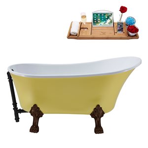 Streamline 28W x 63L Matte Yellow Acrylic Clawfoot Bathtub with Matte Oil Rubbed Bronze Feet and Reversible Drain with Tray