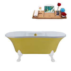 Streamline 32W x 60L Matte Yellow Acrylic Clawfoot Bathtub with Glossy White Feet and Center Drain with Tray