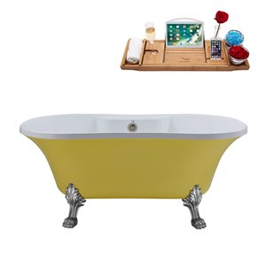 Streamline 32W x 60L Matte Yellow Acrylic Clawfoot Bathtub with Polished Chrome Feet and Center Drain with Tray