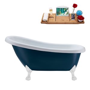 Streamline 28W x 61L Matte Light Blue Acrylic Clawfoot Bathtub with Glossy White Feet and Reversible Drain with Tray
