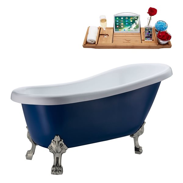 Streamline 28W x 61L Matte Dark Blue Acrylic Clawfoot Bathtub with Brushed Nickel Feet and Reversible Drain with Tray