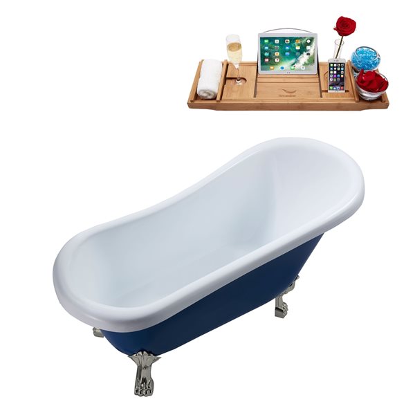 Streamline 28W x 61L Matte Dark Blue Acrylic Clawfoot Bathtub with Brushed Nickel Feet and Reversible Drain with Tray