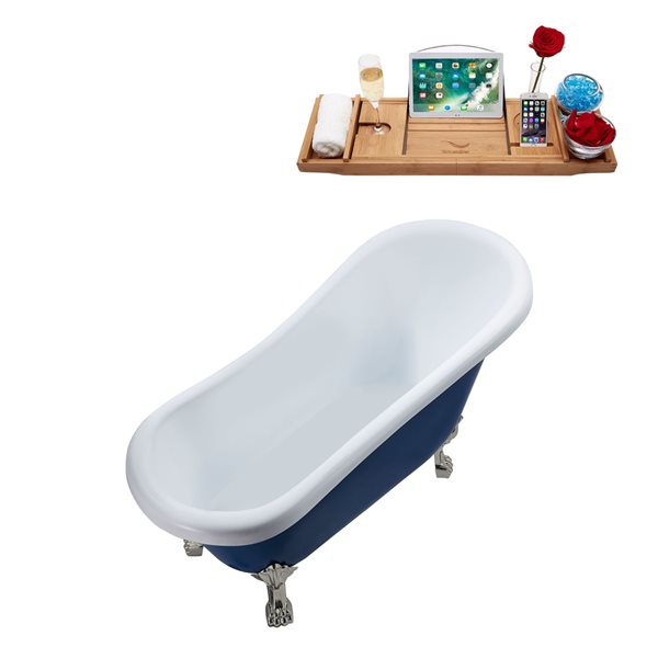 Streamline 28W x 61L Matte Dark Blue Acrylic Clawfoot Bathtub with Brushed Nickel Feet and Reversible Drain with Tray