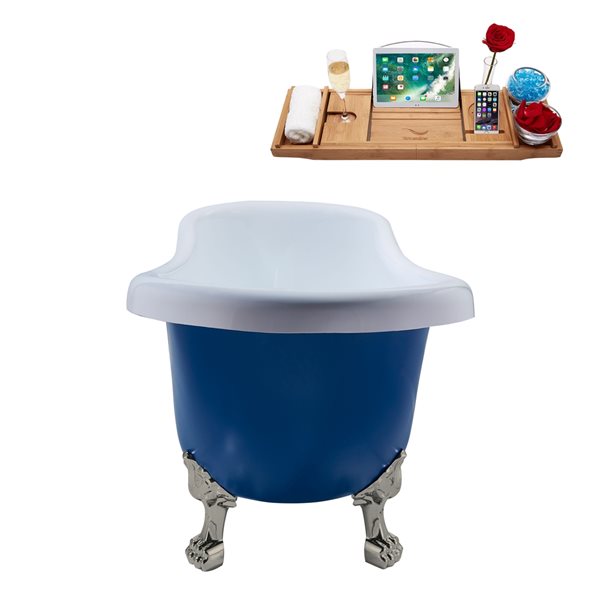 Streamline 28W x 61L Matte Dark Blue Acrylic Clawfoot Bathtub with Brushed Nickel Feet and Reversible Drain with Tray