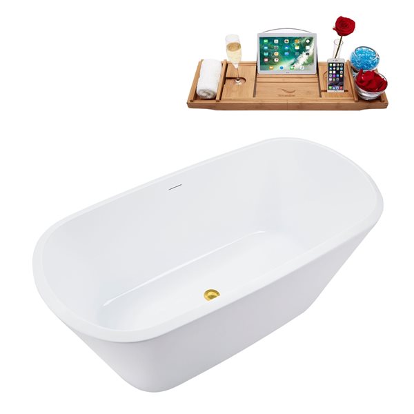 Baignoire en acrylique blanc lustré Streamline de 28 po x 59 po avec drain centré or poli et plateau