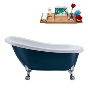Streamline 28W x 61L Matte Light Blue Acrylic Clawfoot Bathtub with Polished Chrome Feet and Reversible Drain with Tray