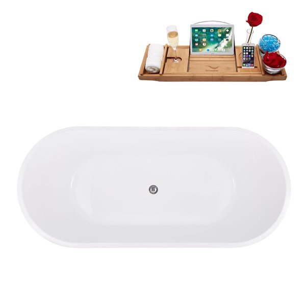 Baignoire autoportante en acrylique blanc lustré Streamline de 32 po x 70 po avec drain centré chrome poli et plateau