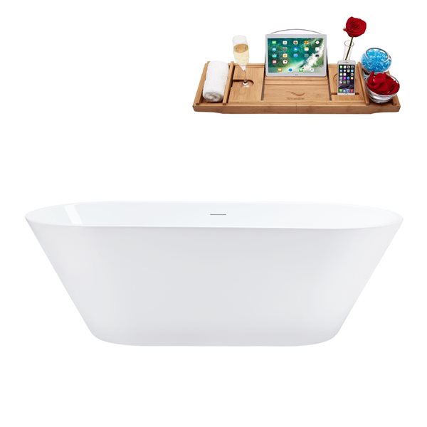 Streamline 32W x 70L Glossy White Acrylic Bathtub and a Polished Gold Center Drain with Tray