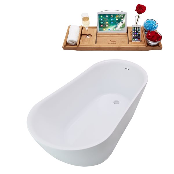 Streamline 28W x 59L Glossy White Acrylic Bathtub and a Polished Chrome Reversible Drain with Tray