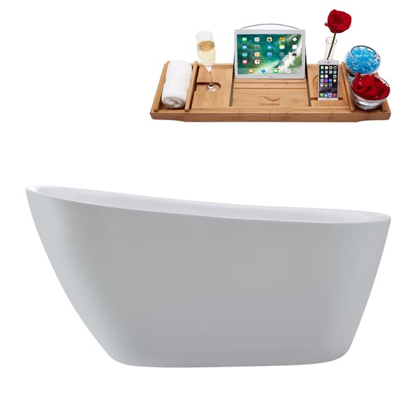 Streamline 28W x 59L Glossy White Acrylic Bathtub and a Polished Chrome Reversible Drain with Tray